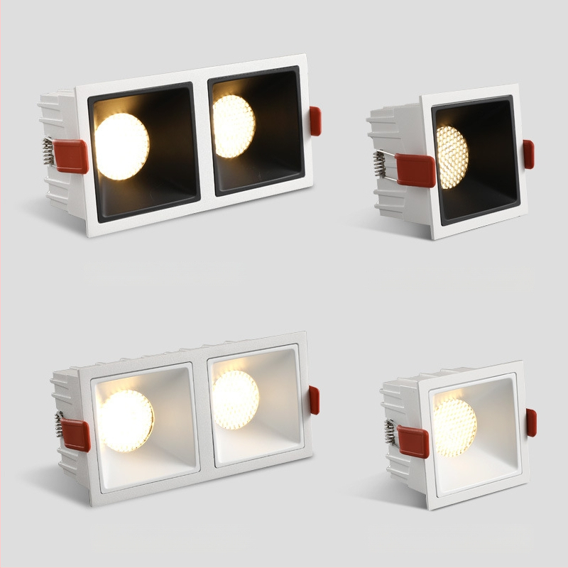 Spot LED pătrat încastrat cu două capete, anti‑reflexie profundă, iluminare dublă și grilaj hexagonal