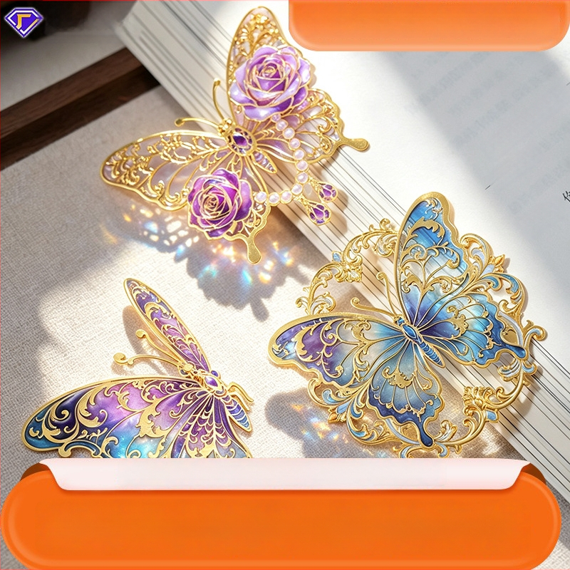 Semn de carte metalic, transparent, în formă de fluture, design delicat decupat, cadou colorat cultural și creativ, clip pentru pagini.