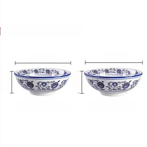 Kék-fehér porcelán mélytál, nagy kerámia tál ramenhez és nudlihoz, kínai retró stílus