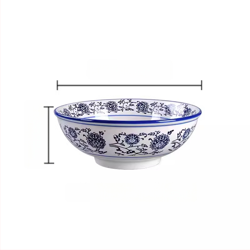 Kék-fehér porcelán mélytál, nagy kerámia tál ramenhez és nudlihoz, kínai retró stílus