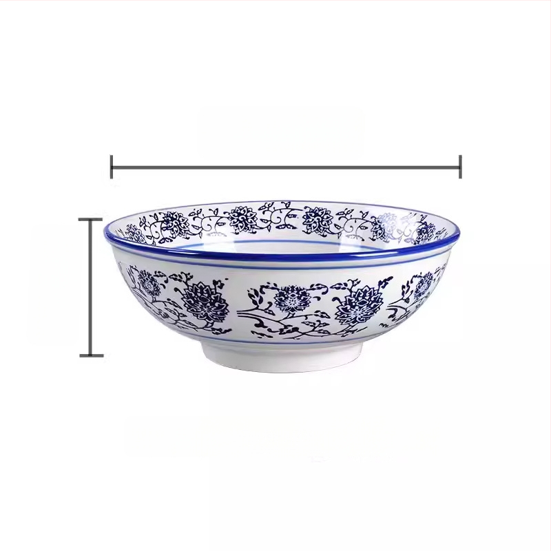 Kék-fehér porcelán mélytál, nagy kerámia tál ramenhez és nudlihoz, kínai retró stílus