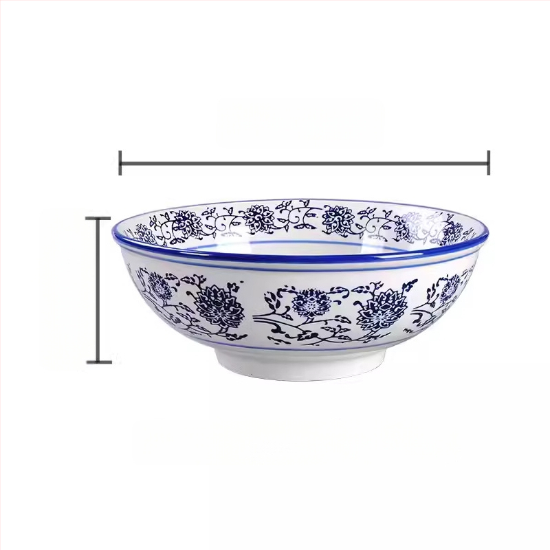 Kék-fehér porcelán mélytál, nagy kerámia tál ramenhez és nudlihoz, kínai retró stílus