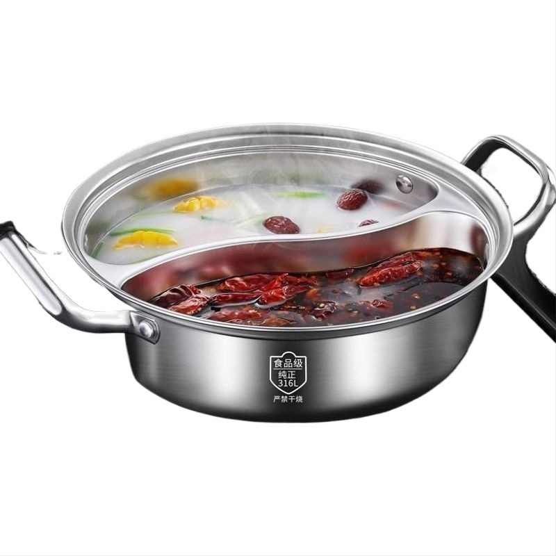 Élelmiszer-minőségű 316 rozsdamentes acélból készült kétkamrás hot pot, egyrészes kialakítás, alkalmas indukciós és gáztűzhelyhez.