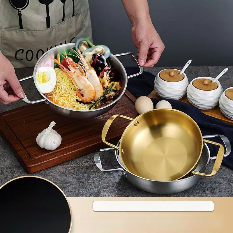 Koreai stílusú tenger gyümölcsei fazék rozsdamentes acélból, két fogantyúval, leves- és ramen fazék, arany színű háztartási tészta fazék, kis méretű, indukciós főzővel kompatibilis