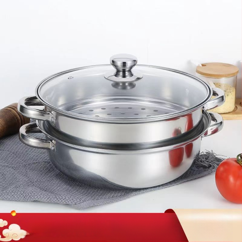 Rozsdamentes acél gőzölő 28 cm, megvastított kétszintes gőzölőedény, multifunkcionális fazék levesekhez és hot pot-hoz, indukciós tűzhelyhez kompatibilis, üvegfedő
