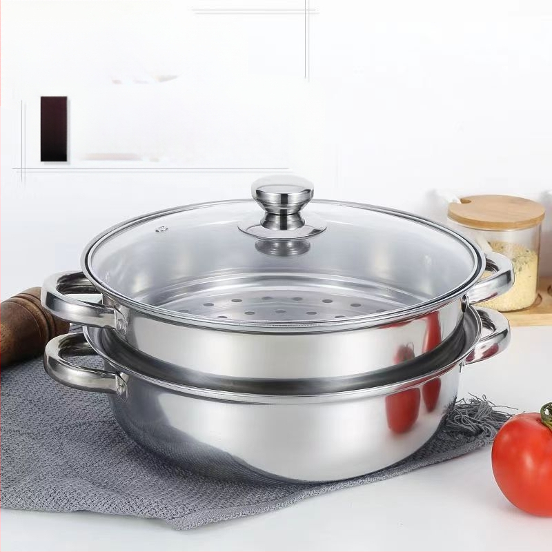Rozsdamentes acél gőzölő 28 cm, megvastított kétszintes gőzölőedény, multifunkcionális fazék levesekhez és hot pot-hoz, indukciós tűzhelyhez kompatibilis, üvegfedő