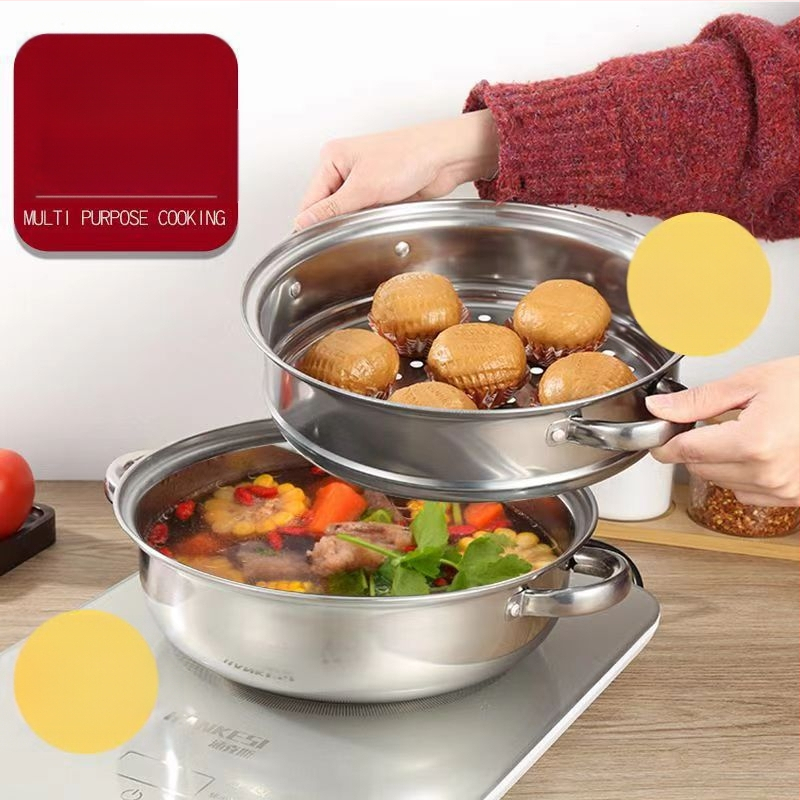 Rozsdamentes acél gőzölő 28 cm, megvastított kétszintes gőzölőedény, multifunkcionális fazék levesekhez és hot pot-hoz, indukciós tűzhelyhez kompatibilis, üvegfedő