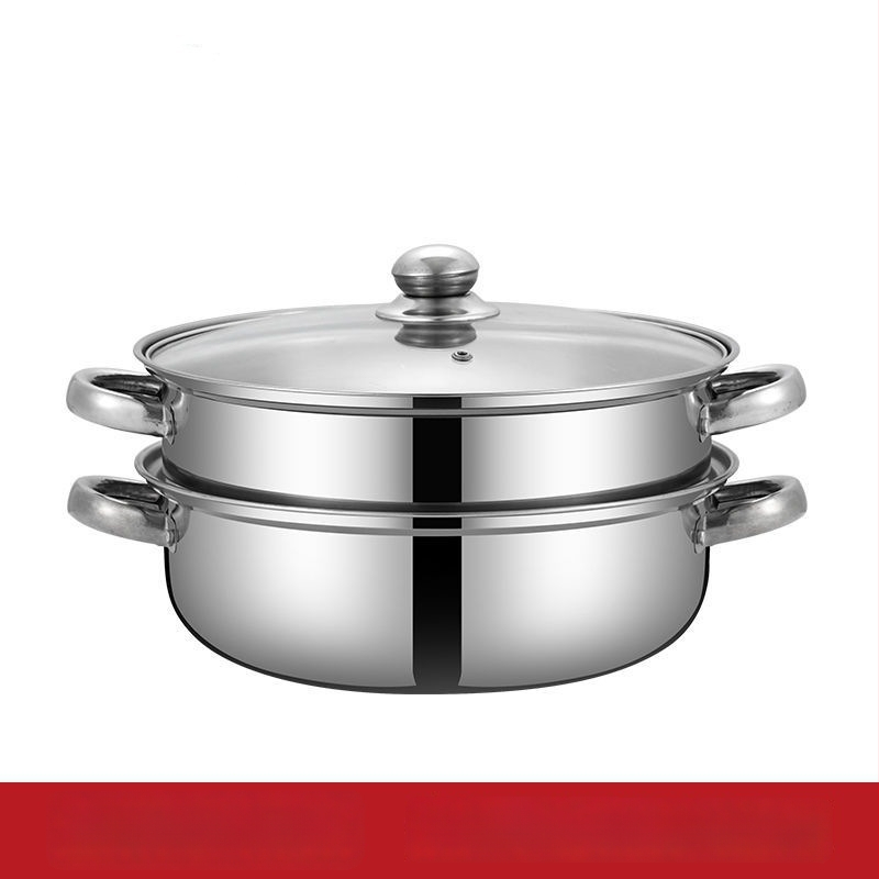 Rozsdamentes acél gőzölő 28 cm, megvastított kétszintes gőzölőedény, multifunkcionális fazék levesekhez és hot pot-hoz, indukciós tűzhelyhez kompatibilis, üvegfedő