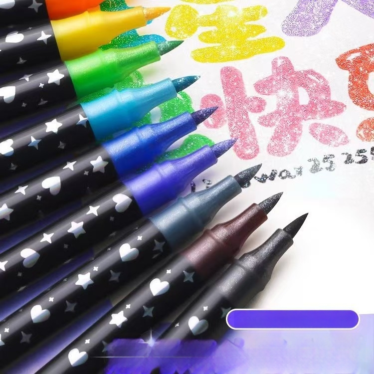 Puha hegyny fluoreszcens filcek általános iskola művészetéhez, dupla hegyszú dvö é colors glitter tollak vízfesték tollakkal és csillámporos színes markerek