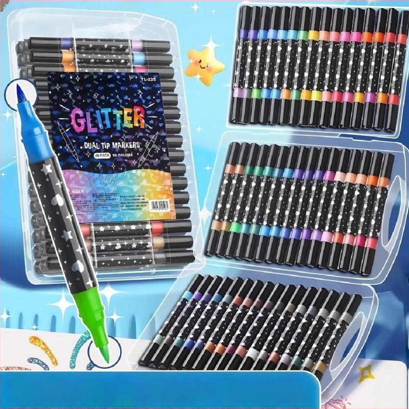 Puha hegyny fluoreszcens filcek általános iskola művészetéhez, dupla hegyszú dvö é colors glitter tollak vízfesték tollakkal és csillámporos színes markerek