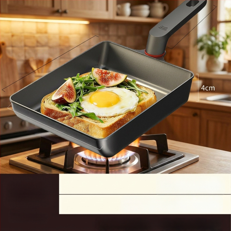 Titánium Tamagoyaki serpenyő, vastagabbra és szélesebb, fluormentes, háromrétegű alappal, gáztűzhelyen és indukción is használható