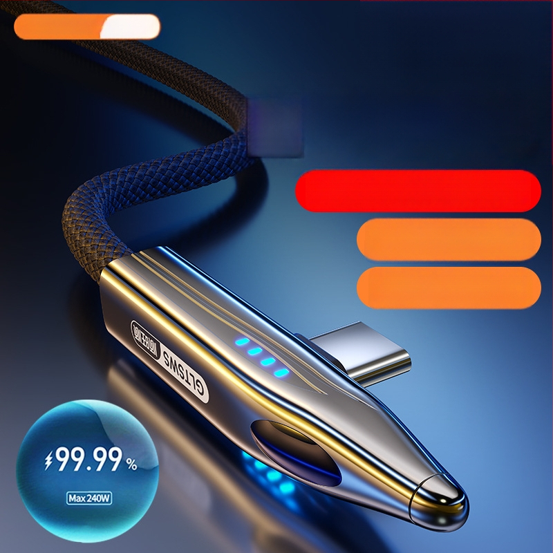 240W USB-C kabel s 90° kutem za brzo punjenje Huawei Type-C i prijenos podataka, kompatibilan s OnePlus, pleteni kabel s indikatorom