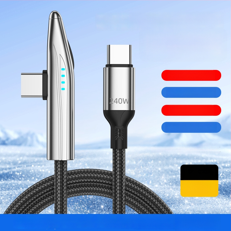 240W USB-C kabel s 90° kutem za brzo punjenje Huawei Type-C i prijenos podataka, kompatibilan s OnePlus, pleteni kabel s indikatorom