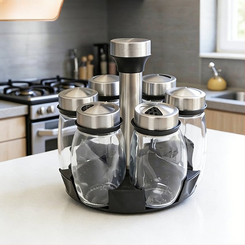 7 darabos konyhai fűszertartó üveg készlet forgatható alappal