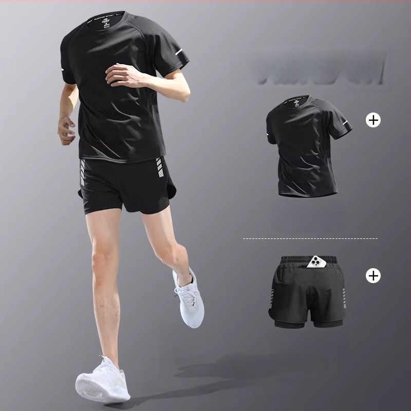 Set de alergare pentru bărbați din material cu uscare rapidă — tricou cu mânecă scurtă și șorturi, echipament de antrenament de vară pentru maraton