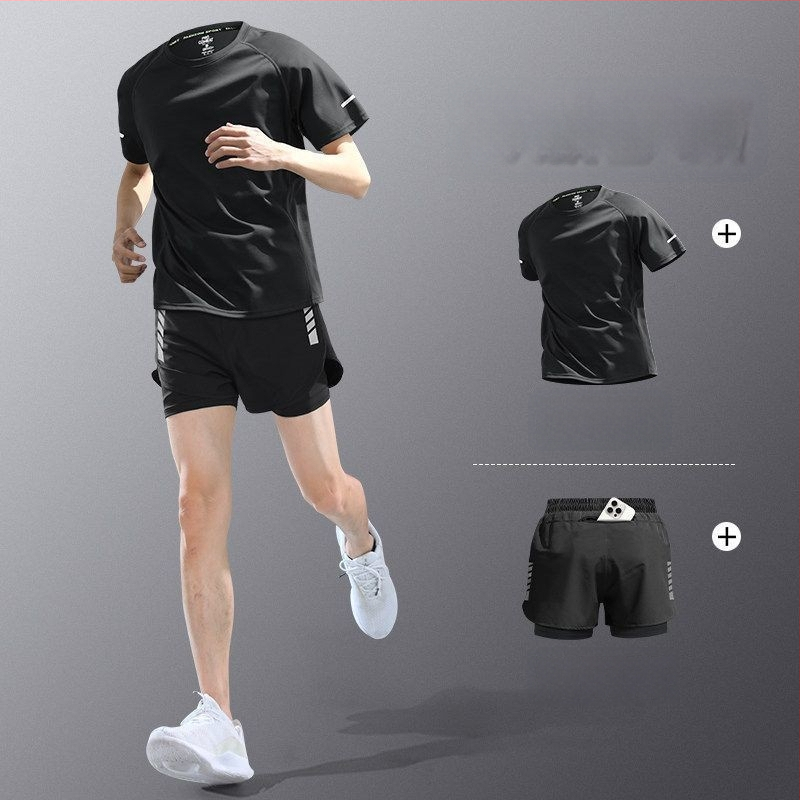 Set de alergare pentru bărbați din material cu uscare rapidă — tricou cu mânecă scurtă și șorturi, echipament de antrenament de vară pentru maraton