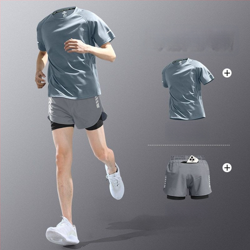 Set de alergare pentru bărbați din material cu uscare rapidă — tricou cu mânecă scurtă și șorturi, echipament de antrenament de vară pentru maraton