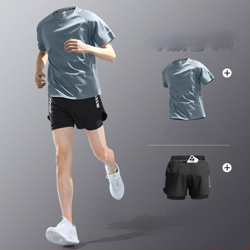 Set de alergare pentru bărbați din material cu uscare rapidă — tricou cu mânecă scurtă și șorturi, echipament de antrenament de vară pentru maraton