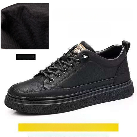 Férfi bőr sneakers, mindennapi viselet, alacsony felső rész, puha talp, koreai stílus, fekete