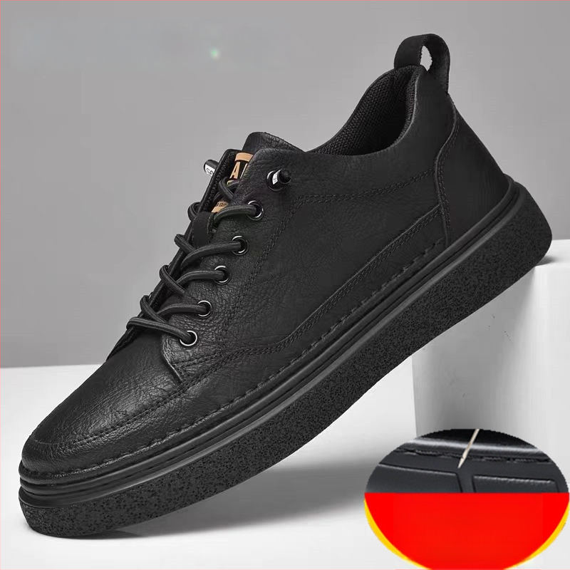 Férfi bőr sneakers, mindennapi viselet, alacsony felső rész, puha talp, koreai stílus, fekete
