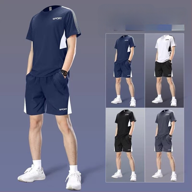 Set sportiv de vară pentru bărbați din Ice Silk, uscare rapidă - tricou cu mânecă scurtă și șorturi de fitness