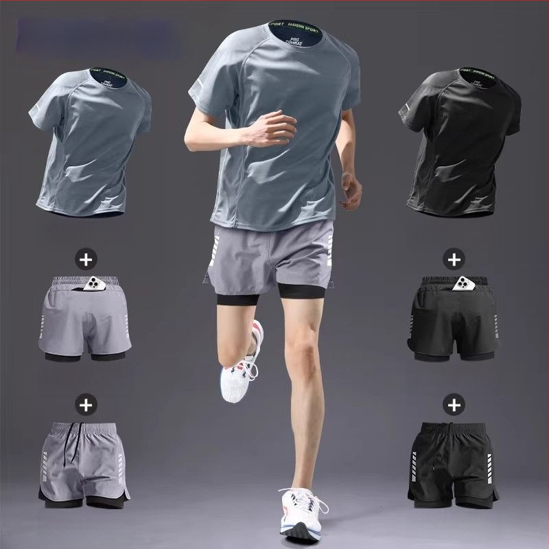 Set de alergare pentru bărbați, uscare rapidă — tricou cu mânecă scurtă și pantaloni scurți, echipament de vară