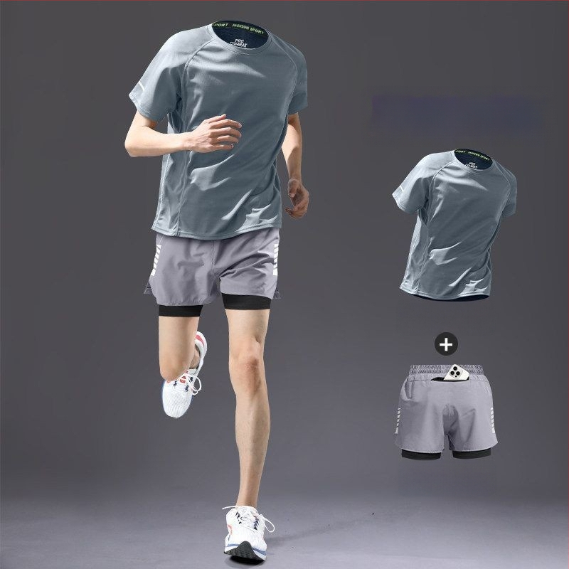 Set de alergare pentru bărbați, uscare rapidă — tricou cu mânecă scurtă și pantaloni scurți, echipament de vară