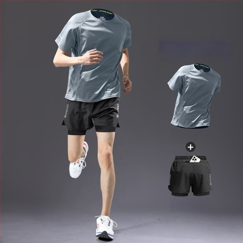 Set de alergare pentru bărbați, uscare rapidă — tricou cu mânecă scurtă și pantaloni scurți, echipament de vară