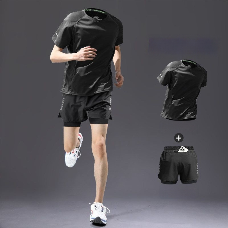 Set de alergare pentru bărbați, uscare rapidă — tricou cu mânecă scurtă și pantaloni scurți, echipament de vară