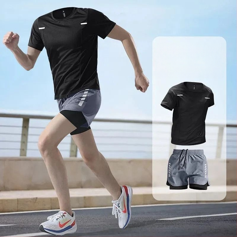 Set sportiv de vară pentru bărbați, uscare rapidă: tricou cu mâneci scurte și șorturi pentru alergare, fitness și baschet
