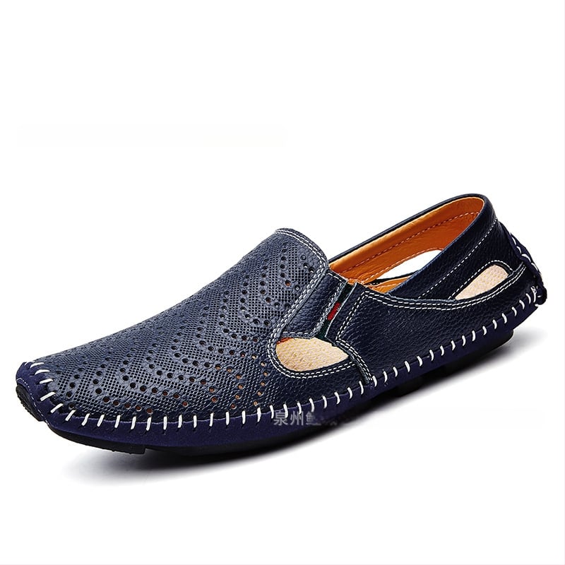 Férfi nyári slip-on szandálok, nagy méretben, könnyű felsőréteg marhabőrből, lélegző perforált kialakítás, hétköznapi‑formális lábbeli