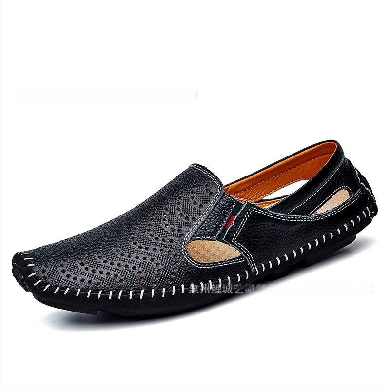 Férfi nyári slip-on szandálok, nagy méretben, könnyű felsőréteg marhabőrből, lélegző perforált kialakítás, hétköznapi‑formális lábbeli