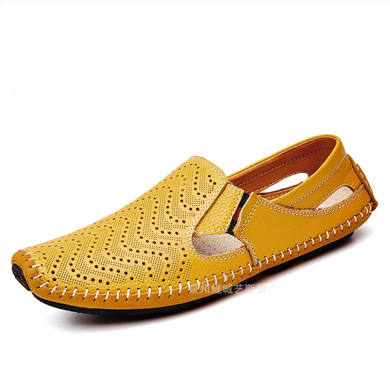 Férfi nyári slip-on szandálok, nagy méretben, könnyű felsőréteg marhabőrből, lélegző perforált kialakítás, hétköznapi‑formális lábbeli