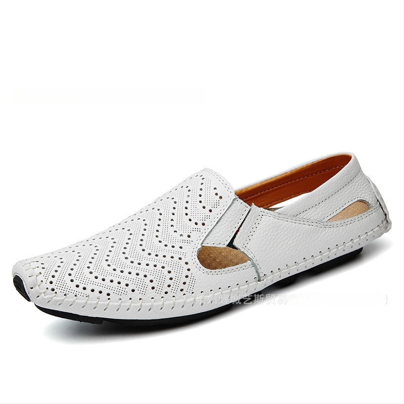 Férfi nyári slip-on szandálok, nagy méretben, könnyű felsőréteg marhabőrből, lélegző perforált kialakítás, hétköznapi‑formális lábbeli