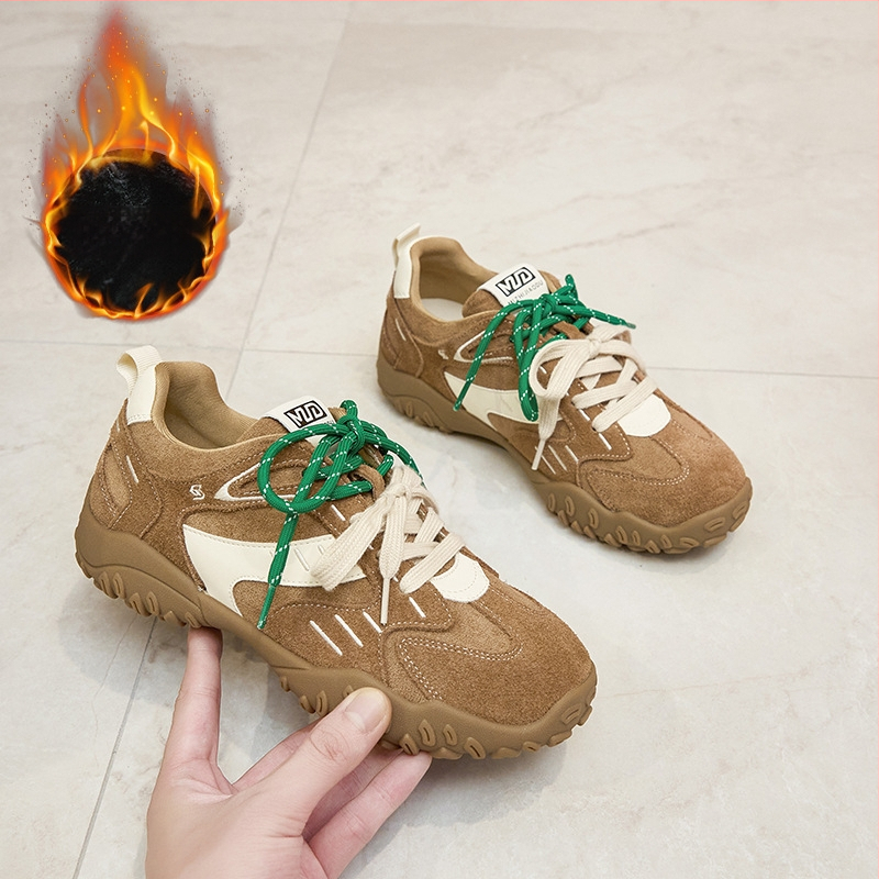 Női velúr sneaker vastag talppal, dizájn színblokkal, kettős fűzőkkel, Forrest Gump-stílusú casual cipő