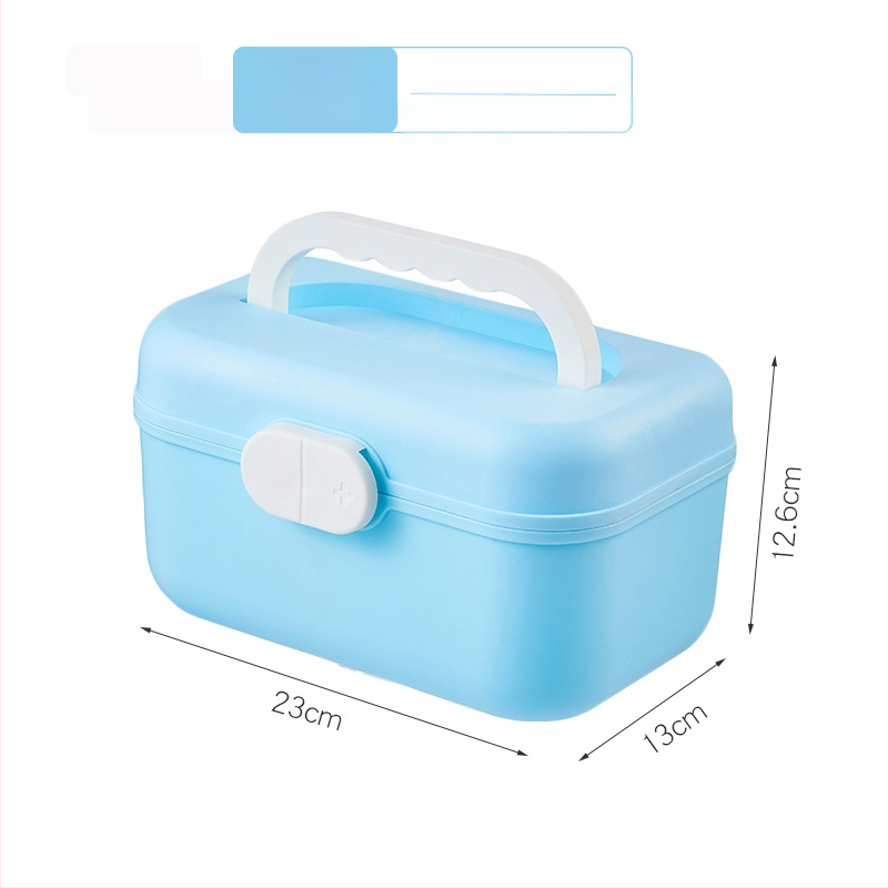 Cutie de medicamente pentru uz casnic, cu mai multe compartimente, pentru organizarea medicamentelor obișnuite și a celor pentru copii; trusă de prim-ajutor portabilă.