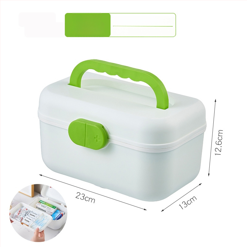 Cutie de medicamente pentru uz casnic, cu mai multe compartimente, pentru organizarea medicamentelor obișnuite și a celor pentru copii; trusă de prim-ajutor portabilă.
