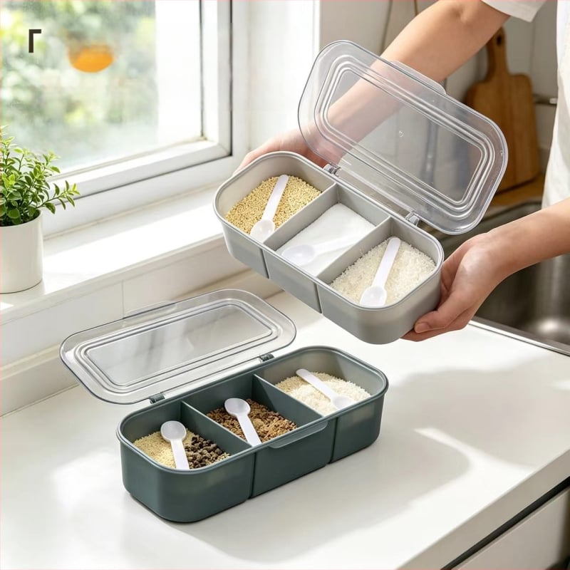 Konyhai fűszerező doboz kanállal, négy rekeszes, só és MSG üveg