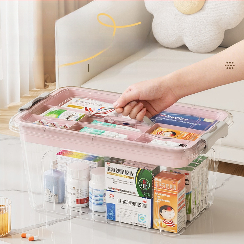 Cutie medicală transparentă, portabilă, pentru uz casnic, capacitate mare, cutie de prim ajutor cu mai multe compartimente pentru depozitare.