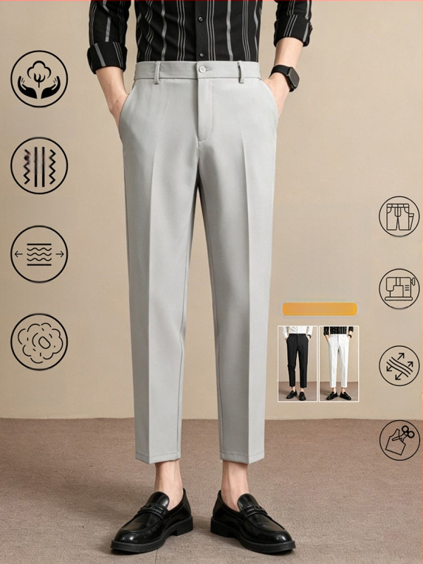 Мъжки луксозни летни костюмни панталони, Slim Straight, дължина до глезена, бизнес ежедневни, антибръчка, гладко падане