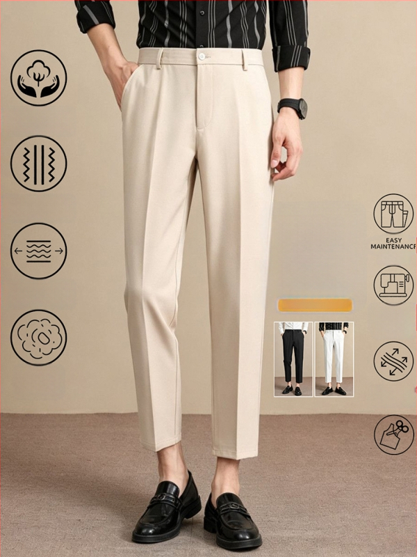 Мъжки луксозни летни костюмни панталони, Slim Straight, дължина до глезена, бизнес ежедневни, антибръчка, гладко падане