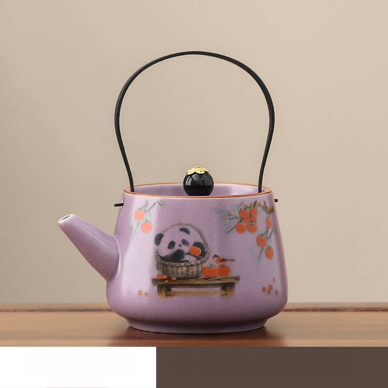 Panda teáskanna fogantyúval, Ru Kiln kerámia, kínai stílus, elegáns magas minőségű teáskanna
