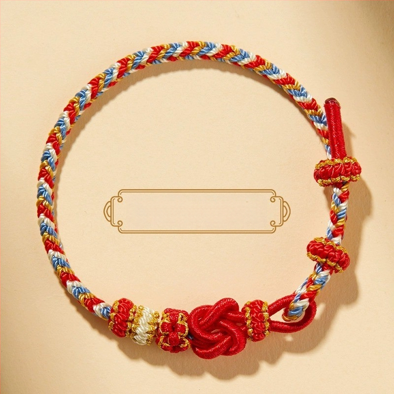 Brăţară DIY ţesută din sfoară roşie, unisex, cu accesoriu în ton aur (semi-finisat)