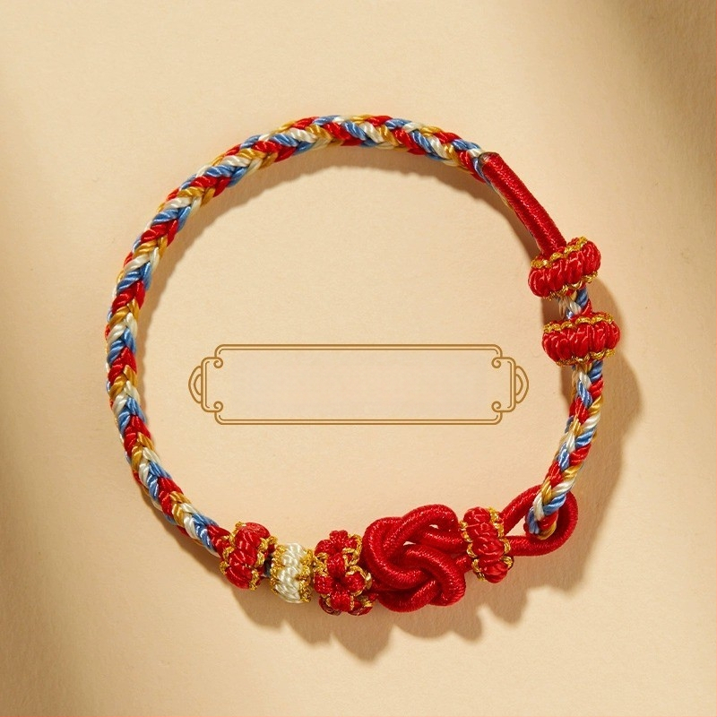 Brăţară DIY ţesută din sfoară roşie, unisex, cu accesoriu în ton aur (semi-finisat)