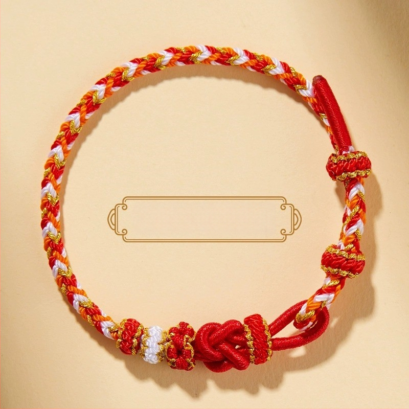 Brăţară DIY ţesută din sfoară roşie, unisex, cu accesoriu în ton aur (semi-finisat)