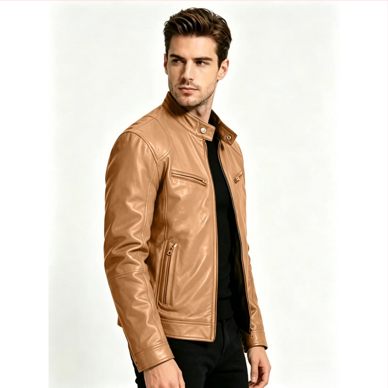 Geacă din piele PU pentru bărbați, guler înalt, stil casual moto, croială slim