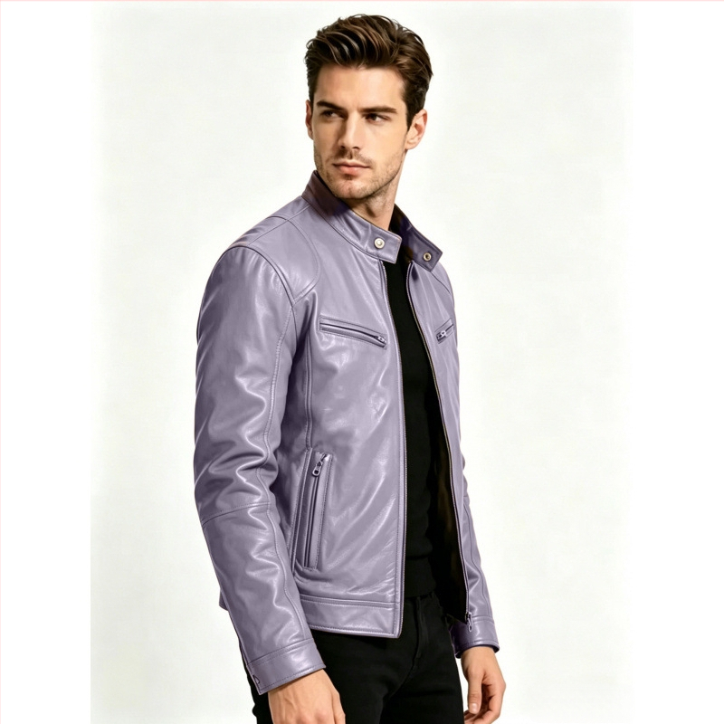 Geacă din piele PU pentru bărbați, guler înalt, stil casual moto, croială slim