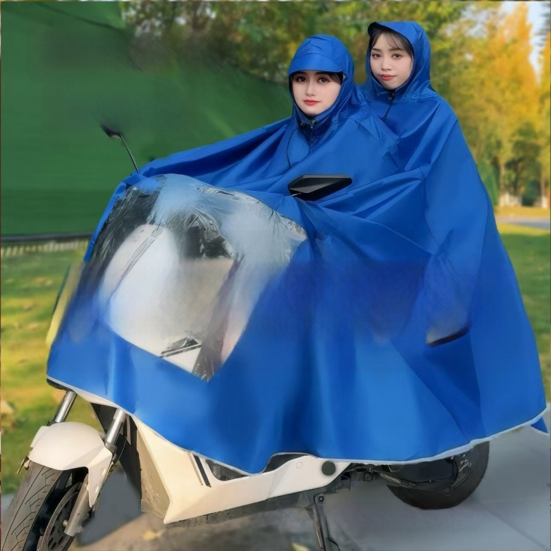 Esőköpeny elektromos biciklikhez és motorkerékpárokhoz, esőponcho, viharálló, megnagyobbított és megerősített, egy vagy két utas számára, puha anyag.