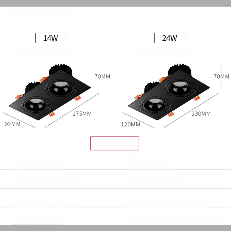 COB τετράγωνο φωτιστικό προβολέα με σχάρα, LED downlight οροφής με μία, δύο ή τρεις κεφαλές για εμπορικά κέντρα, αίθουσες έκθεσης και σαλόνια
