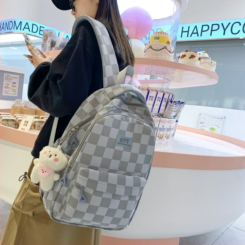 Rucsac dama în carouri, capacitate mare 20–35L, nylon, rezistent la apă, curele cu pernă de aer, potrivit pentru școală și uz zilnic, laptop de 15 inchi.